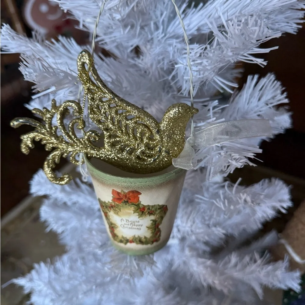 Vintage 1994 Gold Glitter Peacock Bird & Wreath Bucket Ornament - Holiday Decor